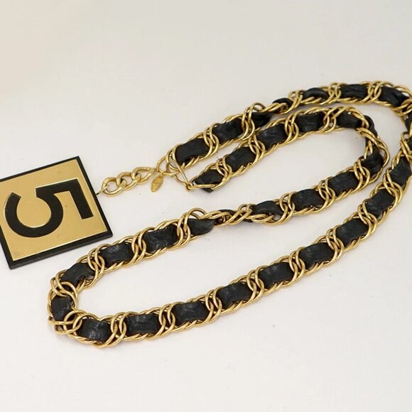 CHANEL No.5 Square Leather Necklace 39" Gold Tone 26 Auth w/BOX v1377 - Picture 3 of 6